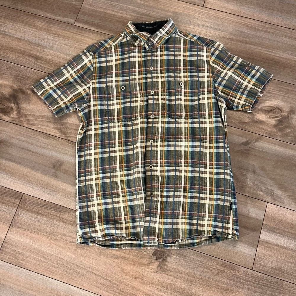 Kuhl Mens Small Plaid Short Sleeve Button Down‎ Shirt Linen Blend Bin E-15